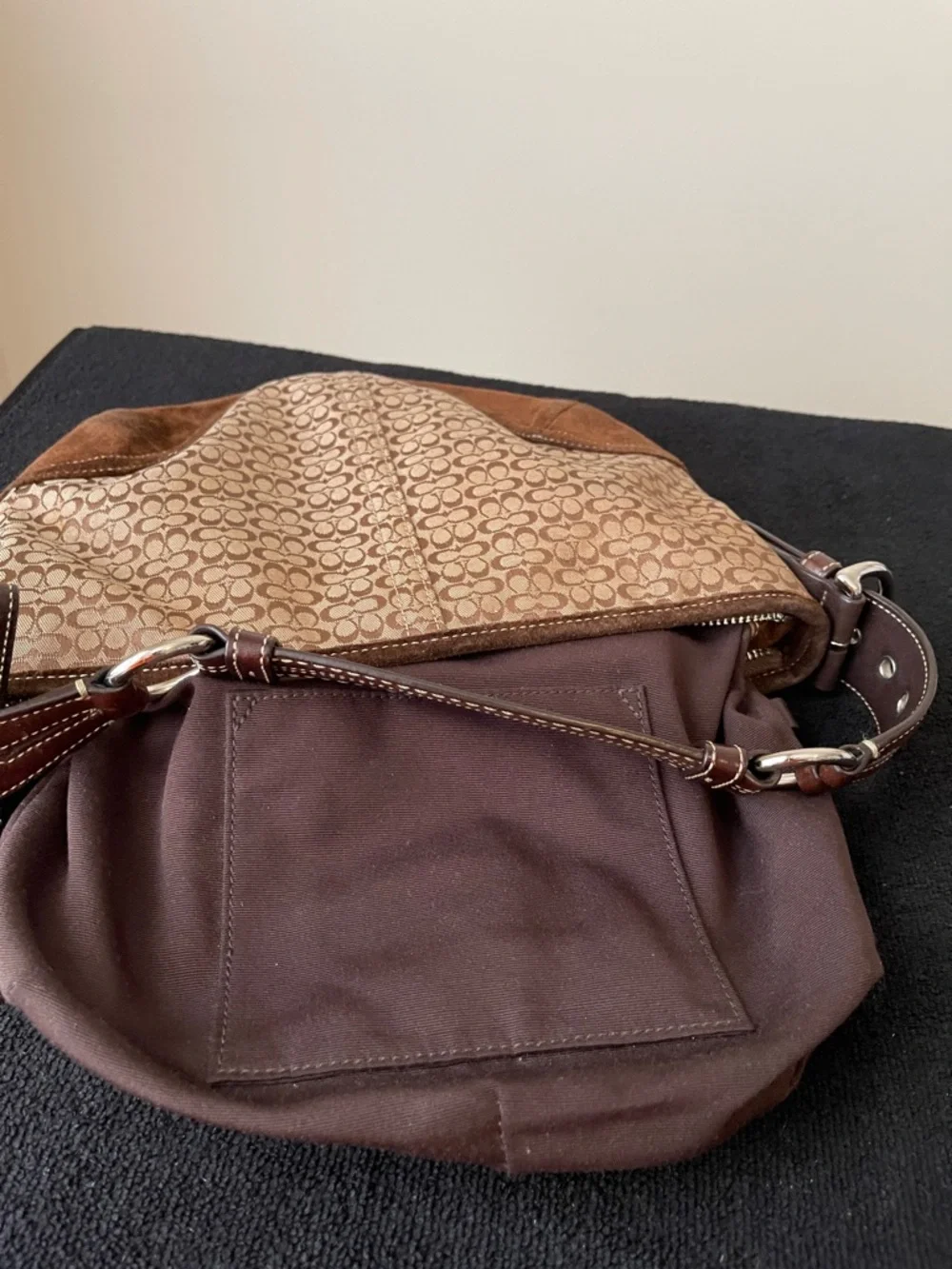 Y2K Coach Tan Signature Canvas and Brown Suede Hobo Bag